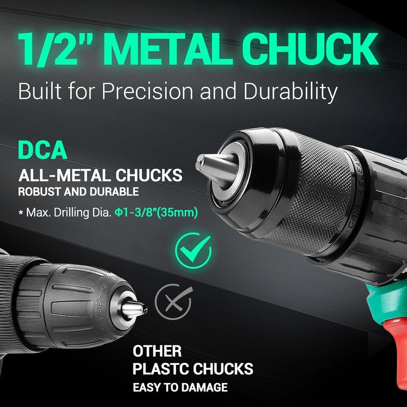 DCA 20V Brushless Hammer Drill Cordless, 492 in-lb Torque Impact Drill, 1/2" All-Metal Keyless Chuck,18+1+1, (0-450/0-1800RPM), 27000 IPM, Compact Design with 2.0Ah Battery & Charger,ADJZ2055i - Image 5